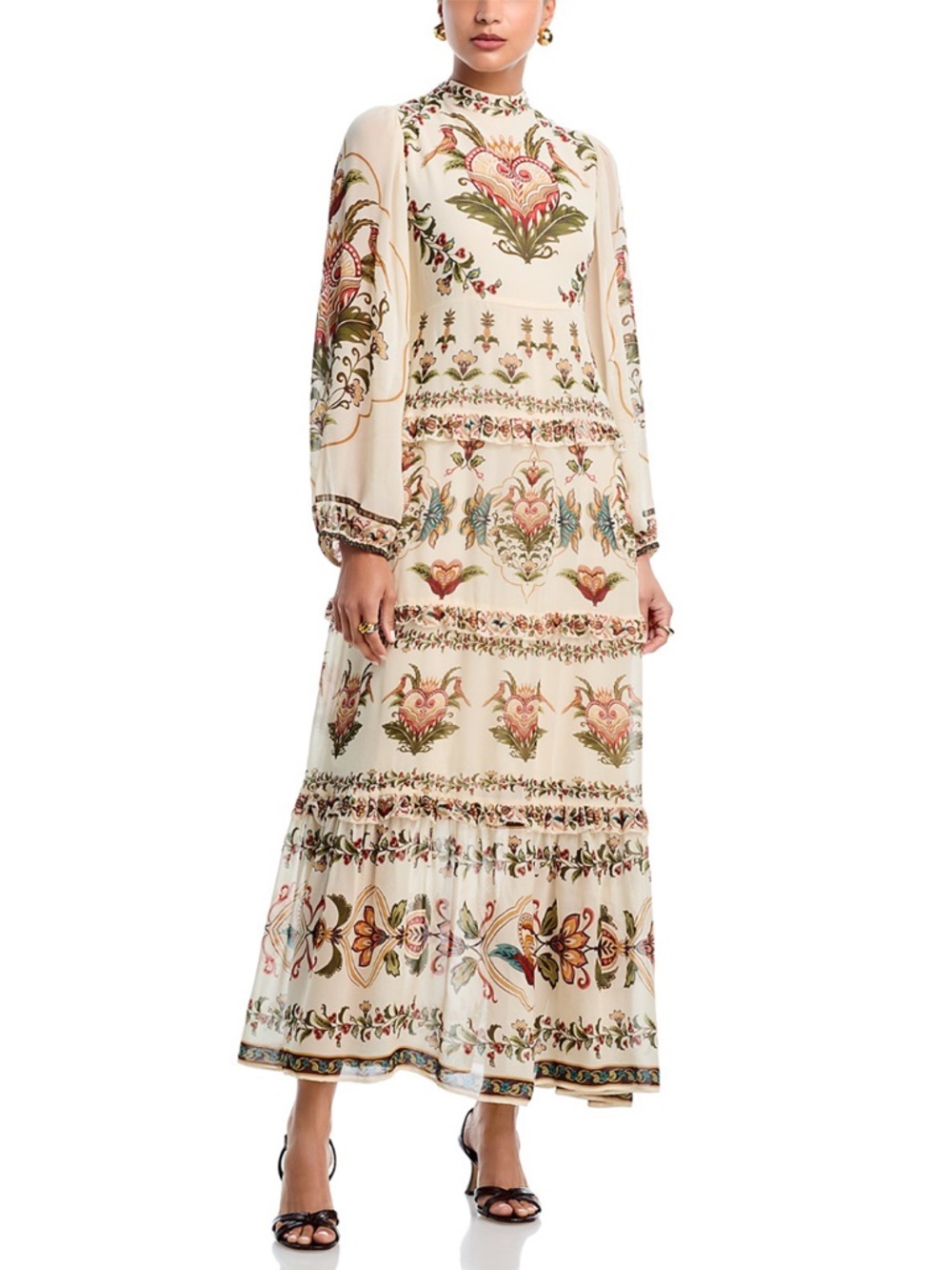 FARM Rio Cream Floral High-Neck Long Sleeve Maxi Dress